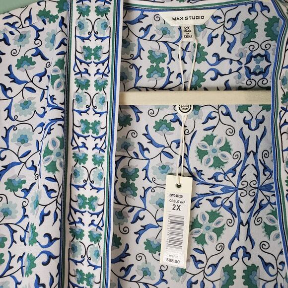 Max Studio Womens Crepe White Green Blue Multicolor Floral Boho Kimono Size 2X - Picture 3 of 6